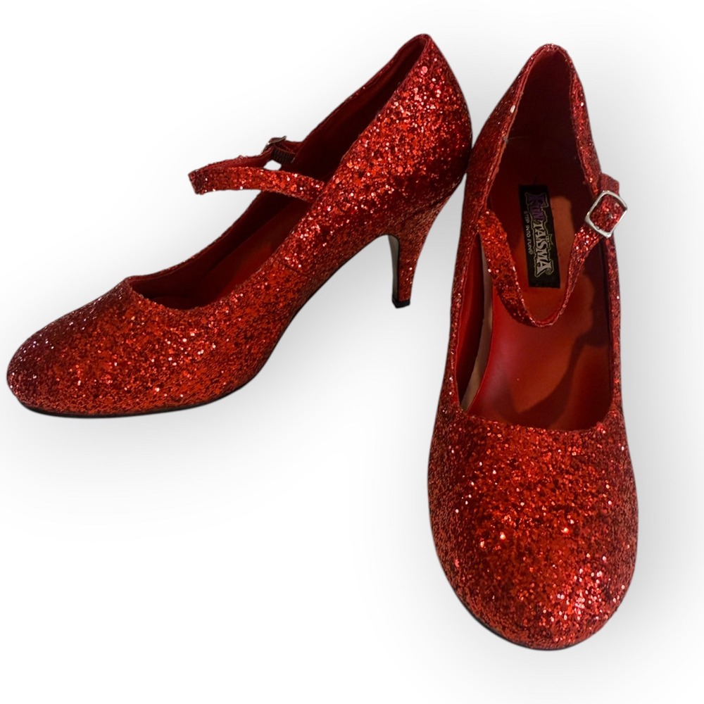 Sparkly Red Glitter Pumps Mary Jane High Heels Retro Pinup Costume Shoes Size 11